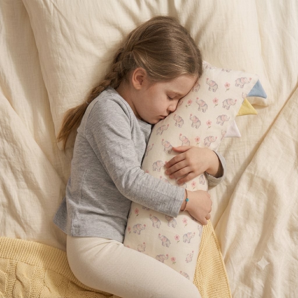 Kleinkind hält ein weiches Kuschelkissen ohne Reißverschluss im Arm